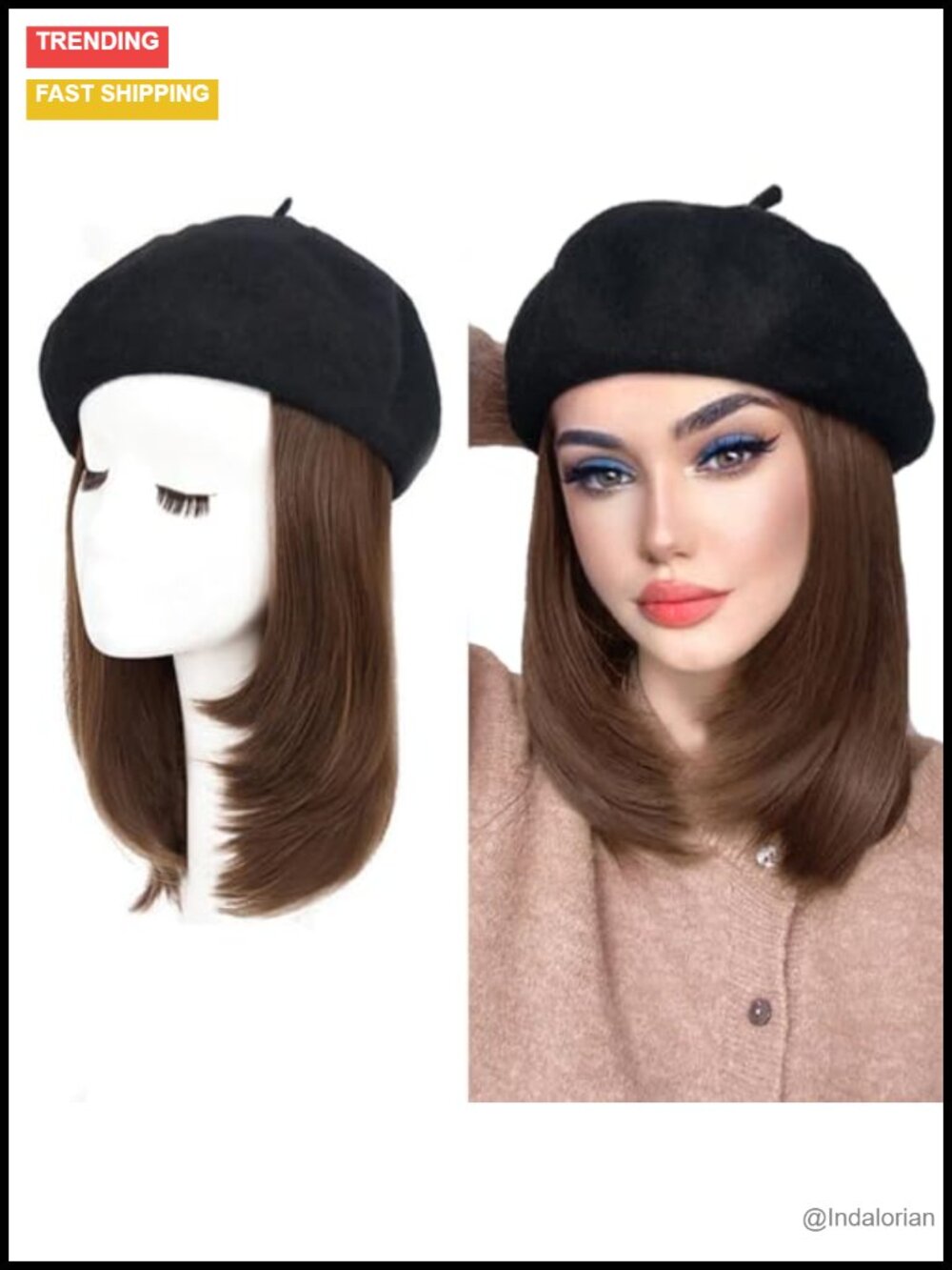 Synthetic Hair Beanie Hat Wig with Hair Extensions French Wool Blend